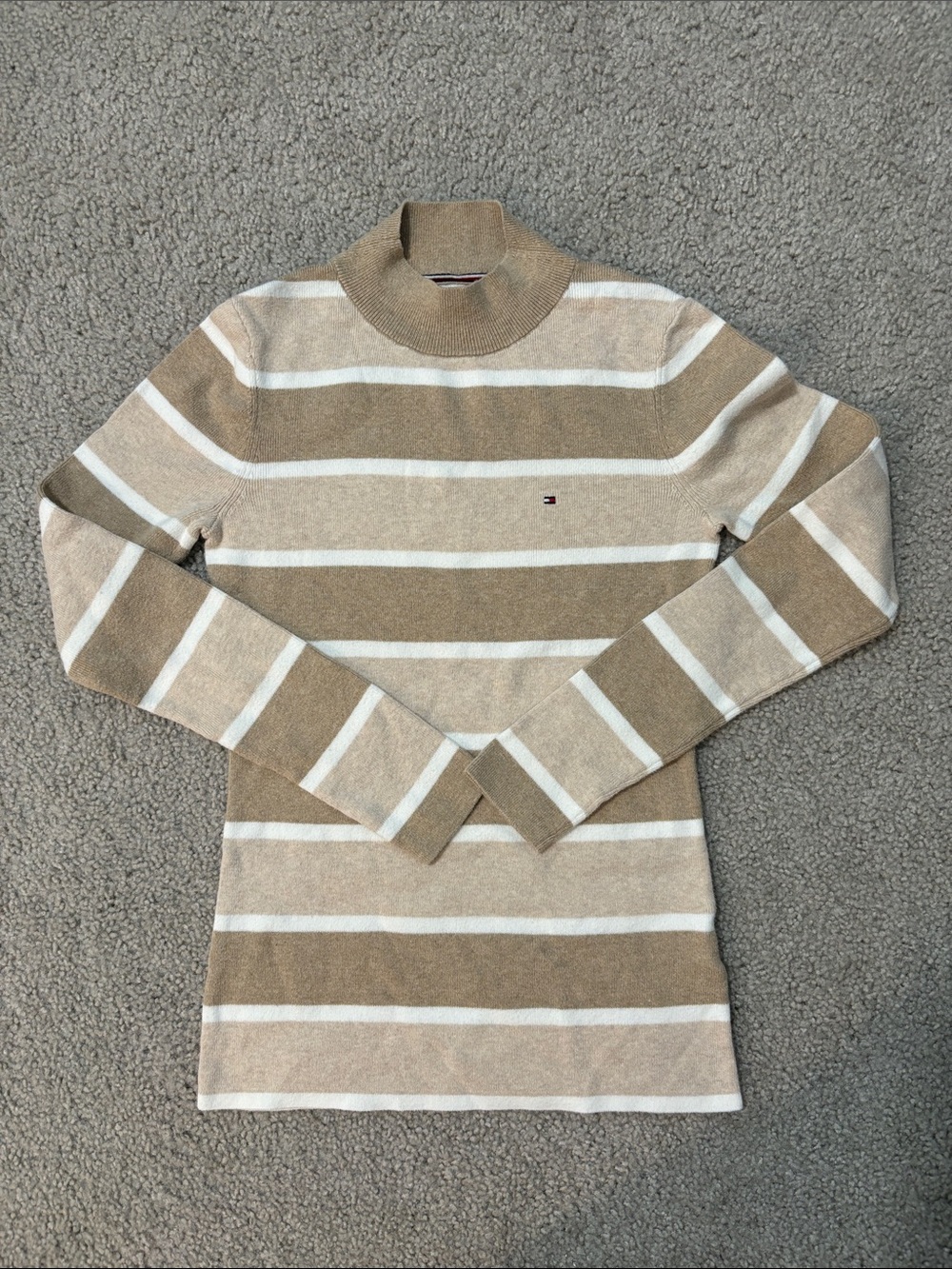 Tommy Hilfiger Men’s Beige & White Striped Turtleneck Sweater